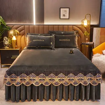 2022 Pat de Lux Fusta stil Cald Catifea Cuvertură De pat pe Pat Îngroșa Capac Saltea Lenjerie de Pat pentru Dormitor Solid Dantelă lenjerie de Pat