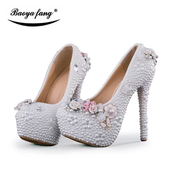 BaoYaFang margele albe Flori de femei pantofi de nunta, pantofi platforma 8cm/11cm/14cm pantofi de înaltă femeie de moda doamnelor Pompe