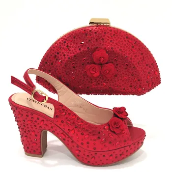Culoarea roșie Pantofi pentru Femei 2023 Designer de Lux de Flori Stras Toc Gros de Partid Sandale Pantofi și Geantă Set pentru Nunta