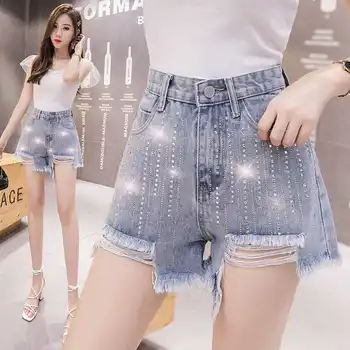 Talie mare Hot-dip pantaloni Scurți din Denim pentru Femei 2022 Vara Noi Versiunea coreeană Subțire Și Uzat-linie Largi Picior Pantaloni Fierbinte