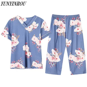 Vara Marca de Bumbac, Print Floral pentru Femei Seturi de Pijama Eleganta Pijamale Femei, Pijamale Vițel-Lungime Pantaloni Plus Dimensiune Sleepwear 4XL