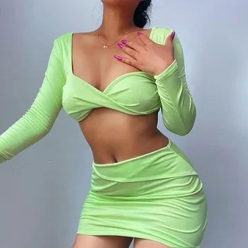 BKLD Toamna 2021 Moda pentru Femei Nou Slim Sexy Două Piese Set Răsucite Crop Top Mini-Fuste, Costume de Club Haine de Culoare Solidă