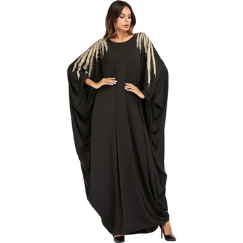 Musulman Hui Dubai Cu Margele Aplicatiile Abaya Lapte Negru De Mătase Neted Bat Cu Maneci Supradimensionate Halate Arab Hijab Rochie De Femei