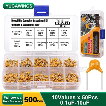 500Pcs Yugawings Monolit Condensator Ceramic Kit 10Values x 50buc 0.1 uF 0.15 0.22 uF uF 0.33 0.47 uF uF 0.68 uF 1uF 2.2 4.7 uF uF 10uF