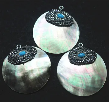 2pc negru shell buze pandantive cu stras albastru turcoaz pentru femei pandantive de a face accesorii dimensiune 40 mm forma rotunda nou desi