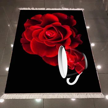 Altceva Podea Negru Trandafiri Rosii, Flori Cesti de Ceai Kilim Imprimare 3d Microfibra Anti-Alunecare Înapoi Lavabile Decorative Bucătărie, Zonă de Covor Covor