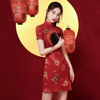 Chineză Stil Oriental Rochii Subțiri Cheongsam Noi De Vara Cu Maneci Scurte De Imprimare Tineri Îmbunătățit Rochie Pentru Femei Retro Red Rochie Scurta