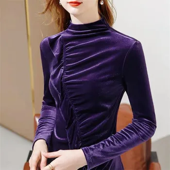 2022 Moda Guler Topuri Cu Maneci Lungi Femei Toamna Bluze Feminine Volane Catifea Topuri Elegante Slim Solid Velur Blusas Femme