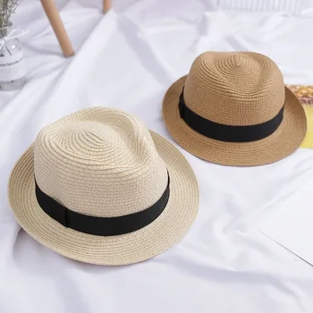 Părinte-Copil Vară, Pălării De Paie Stil Britanic De Jazz Excursie De Moda Plajă Umbrelă De Soare Ribbon Panama Om De Cauzalitate Ghețar Găleată Pălărie
