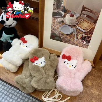 Sanrio Hello Kitty Arcul De Pluș Mănuși Deget Plin De Echitatie Gros Student Ștreangul De Mănuși De Cald Îngroșat Student Anime Mănuși Tricotate