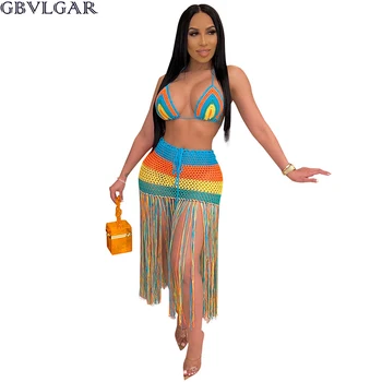 GBVLGAR la Modă Curcubeu de Tricotat Femei husa de Vara up Set Sexy de pe Plajă Vacanța de Petrecere Costume Fusta Două Bucăți Ștreangul de Gât