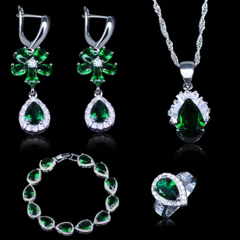 Stil Rusesc Cel Mai Bun De Nunta Seturi De Bijuterii Pentru Femei De Argint De Culoare Verde Creat De Smarald, Zircon Alb De Patru Piese