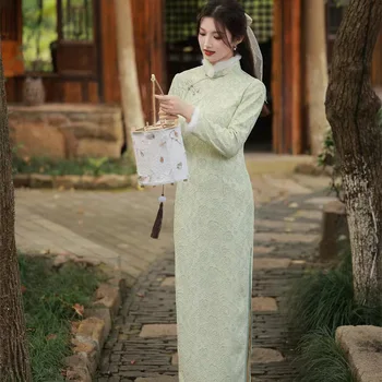 Eleganta Cu Maneci Lungi Din Dantela Qipao Blana Guler Mandarin Embrodiery Sifon Cheongsam Iarna Chineză Femei Rochie