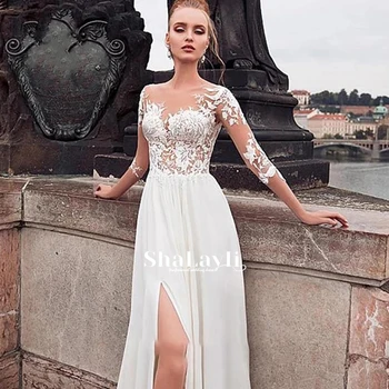 Nunta veșminte Simple, sifon cu maneci lungi rochii de mireasa 2021 vintage v-neck rochie de mireasa fara spate butoane personalizate