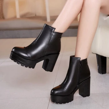 2021 Casual Moda Concis Femei La Jumătatea Vițel Cizme De Piele Split Tocuri Groase Nou Fermoar Toamna Iarna Pantofi De Femeie Q0023