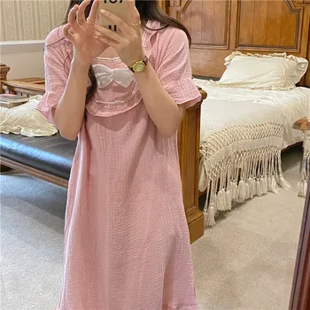 Funda Roz Pătrat Guler De Cămașă De Noapte De Vară Femeile Coreene Maneca Scurta Din Bumbac Lung Pijamale Lejere Casual Dulce Homewear Kawaii