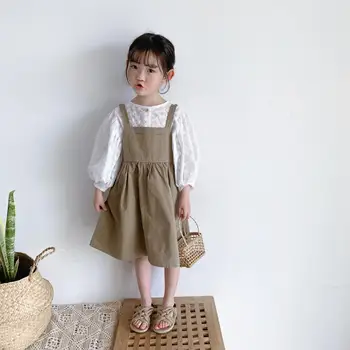 2021 Primăvară-Vară De Moda Pentru Copii Fete De Bumbac De Agrement Haine Dantelă Bluză Albă + Suspensor Rochii De 2 Bucati De Seturi De Copii Costum
