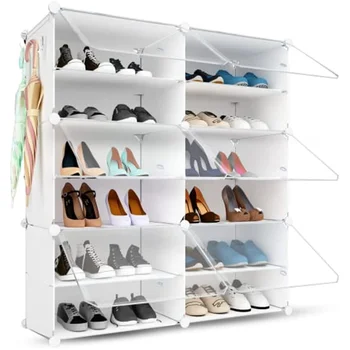 Suport pantofi Organizator, 24 Pereche de Pantofi Cabinet de Stocare cu Usa Extensibil din Plastic Rafturi Pantofi pentru Debara,Antreu,Hol,Dormitor