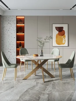 Lumina de lux, marmura, masa si scaun combinație modernă, simplă masă rotundă de uz casnic rock placă cu placă turnantă villa mare