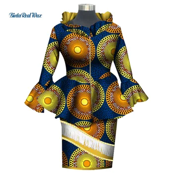 2 buc Set Topuri si Fuste Seturi din Africa de Femei de Îmbrăcăminte de Partid Dashiki Bazin Riche Flare Long Sleeve Zip Genunchi Lungime Rochii WY6119