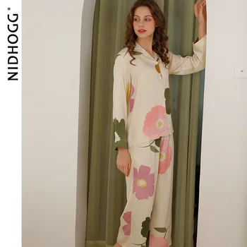 Proaspăt Elegant Pijama Satin Primăvară Maneca Lunga Pictura De Cerneală Sleepwear Vascoza Rever Imprimare Body Femei, Două Piese De Îmbrăcăminte De Noapte