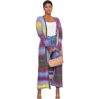 Casual Femei, Rochii Colorate Groapă Fâșie Lungă cu Mâneci Cardigan Butonul Haină Lungă Maxi Rochie de Primavara Toamna Africa de Îmbrăcăminte