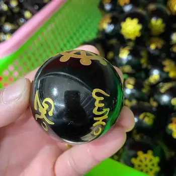 3cm naturale obsidian glob de cristal negru sculptat budist text cuarț mingea fengshui vindecare