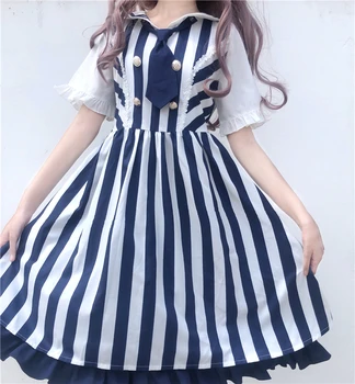 Vara 2020 Japoneză Lolita Academia Stil Navy Guler Dungi Rochie Cu Maneci Scurte Unduiri Rochie Pentru Loli Dulce Vestidos