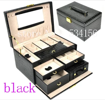 3 straturi negre de lux din piele pu caseta de bijuterii cercei bijuterii ambalaj cutie cutie cadou (28.5 * 19 * 16 cm)