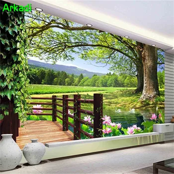 Restaurant tapet de fundal natura 3d peisaj de grădină chineză modernă rurale copac mare lotus TV living cu canapea extensibilă murală