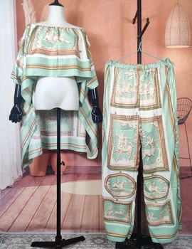 Femeile africane Elegant Supradimensionat Mătase Imprimate Set de Doua Bucati de Vacanță Unul-umăr Bluza + Pantaloni Musulman Caftan de Îmbrăcăminte