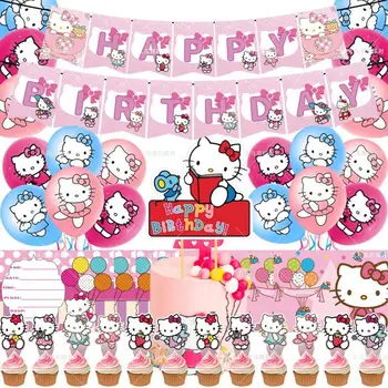 Kawaii Sanrios Drăguț Hellokitty Anime Cat De Desene Animate Trage Pavilionul Banner Tort Introduce Balonul Set Copii Petrecere De Ziua Decor Jucărie
