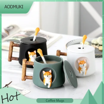 420Ml Mare Capacitate de Desene animate Drăguț Shiba Inu Ceramică mic Dejun Cafea cu Lapte Cani Set cu Lingura Capac de Apa de Ceai Drinkware Cani Cadou