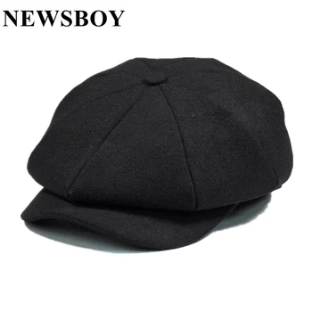 Pălărie vânzător de ziare Pentru Om Solid Negru de Lână Tweed Capac de vânzător de ziare Bărbați Gatsby Retro Pălărie Driver Toamna Iarna Britanic Capac Plat