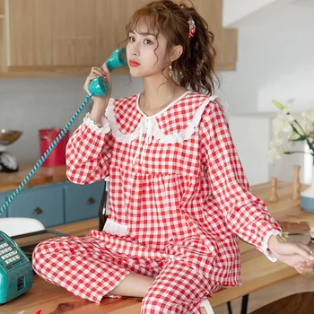 Primavara-Vara Pijamale De Bumbac De Sex Feminin Cu Mâneci Lungi Rever Carouri Coreea Drăguț Dulce Costum Secțiune Subțire De Bumbac Și Lenjerie De Noapte