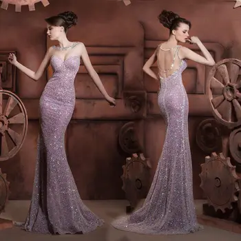 Noi Lumina Violet Cu Paiete Sirena Rochii De Seara Iluzia Gat Femei Elegante Formale Petrecere Rochii Lungi Abendkleider 2020