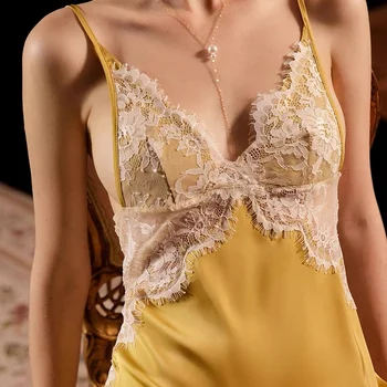 QWEEK Mătase Cămașă de noapte pentru Femei din Satin Sleepwear Sexy de Lux cămașă de noapte cu Dantelă Broderie Mozaic Cămășuță de noapte Epocă de Floarea-soarelui Fairy Dress