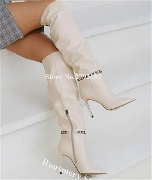 Design De Brand De Moda Pentru Femei A Subliniat Toe Genunchi Ridicat Lanțuri Decorate Genunchi Ridicat Cizme Bej Negru Lung Cizme Cu Toc Înalt Pantofi De Club