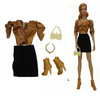 1/6 De Aur De Moda Haine Negre Set Pentru Papusa Barbie Accesorii Pentru Barbie Tinute Bluza Crop Top Fusta Sac Cizme Pantofi Jucărie 11.5