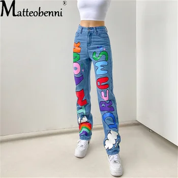 2021 Moda High-Talie Pierde Scrisoarea Imprimate Graffiti Femei Blugi Drepte Doamnelor Stradă Casual Vintage Largi Picior Pantaloni Din Denim