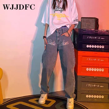 WJJDFC Toamna Mama de Moda Jeans Femei Blugi Y2K Streetwear Denim Vintage de Culoare Solidă Direct Blugi Pantaloni Pantaloni Talie Mare