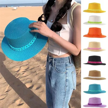 De transport maritim de vară pălărie de soare femei curcubeu lanț pălărie de top plat largă pălărie de paie fată pe plajă în aer liber pălărie de culoare capac de sport
