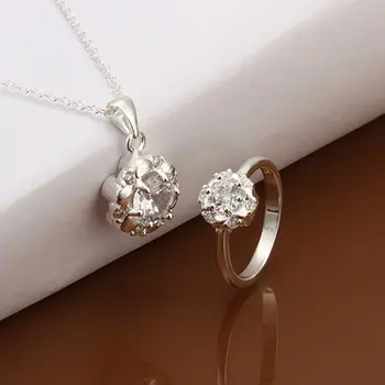 placat cu argint 925 bijuterii-argint moda bijuterii alb Cristal colier si inel seturi de bijuterii pentru femei SS562