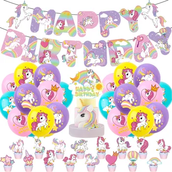 Unicorn Temă Petrecere De Aniversare Banner Tort Decorative Baloane Din Latex Happy Birthday Party Decor Copii Fata De Copil De Dus Provizii