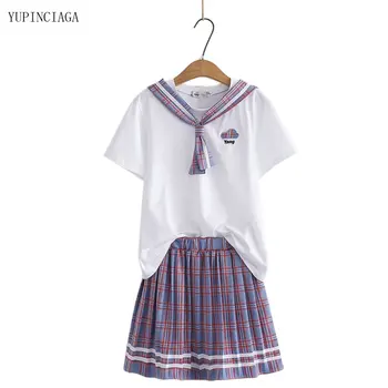 Harajuku Guler Marinar Drăguț T-shirt mâneci Scurte + Fusta Costum de Vară 2021 Noi Două Seturi de Piese pentru Femei Set de Potrivire 2117420