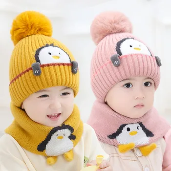 De La 1 La 4 Ani Copilul Vechi Copii Beanie Îngroșa Copii Capac Drăguț Pinguin 2 Buc Băieți Fete Iarna Villus Pălărie Eșarfă Set De Fotografii