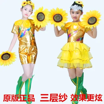 Dans pentru copii de performanță costum de scena de floarea-soarelui rochie dans de Grup set șosete + 2 floarea-soarelui