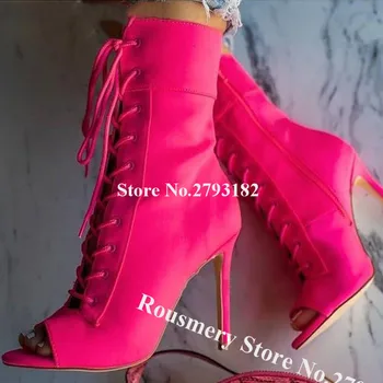 Moda de vest Peep Toe piele de Căprioară Piele Toc Stiletto Scurt Gladiator, Cizme Rose Red Lace-up cu Toc Botine Pantofi Rochie